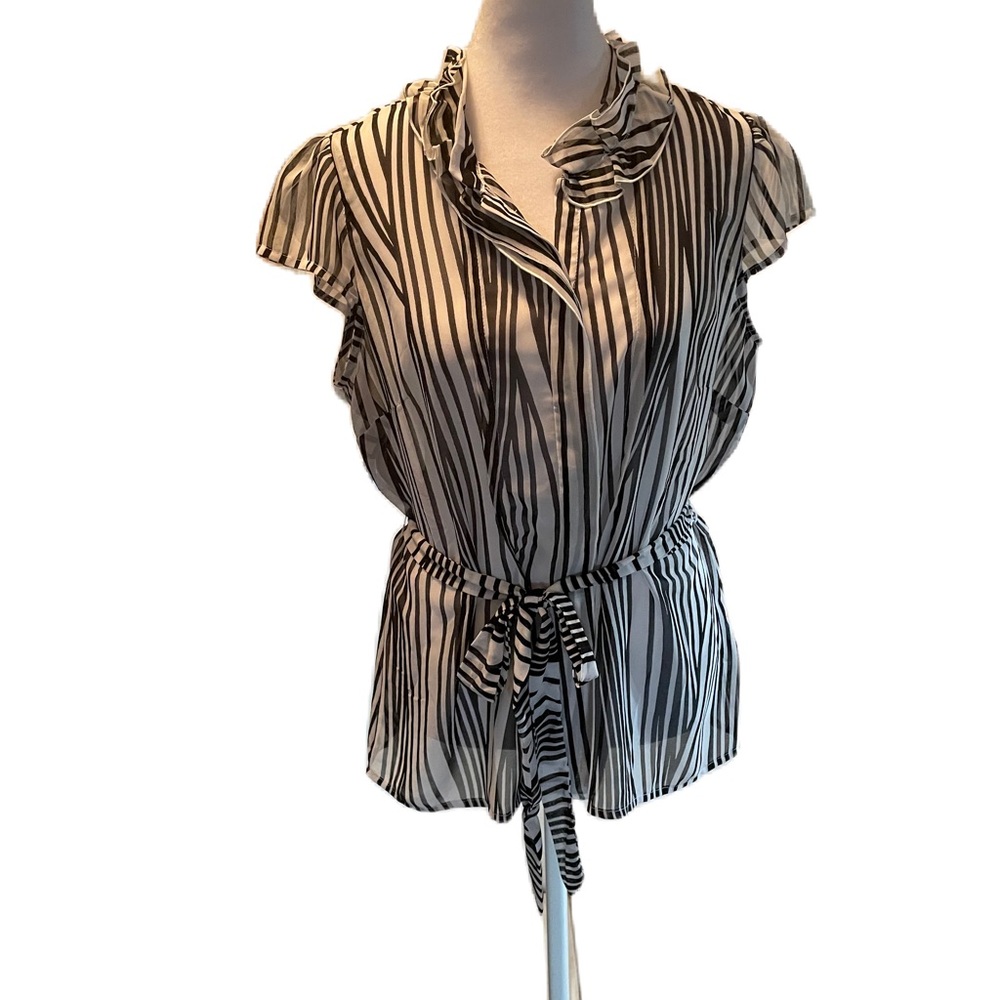 Worthington Sheer Black & White Short Sleeve Button Down Ruffled Collar Top PL